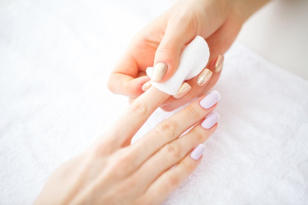 Spa manicure with nude gel polish