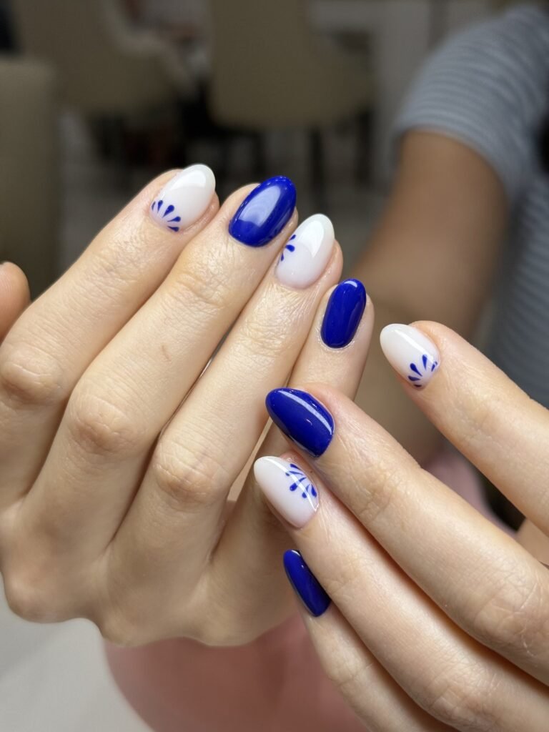 Cobalt blue and white nails with fan details at Nailbox Co.