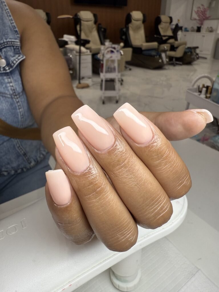 Nude square gel manicure at Nailbox Co.