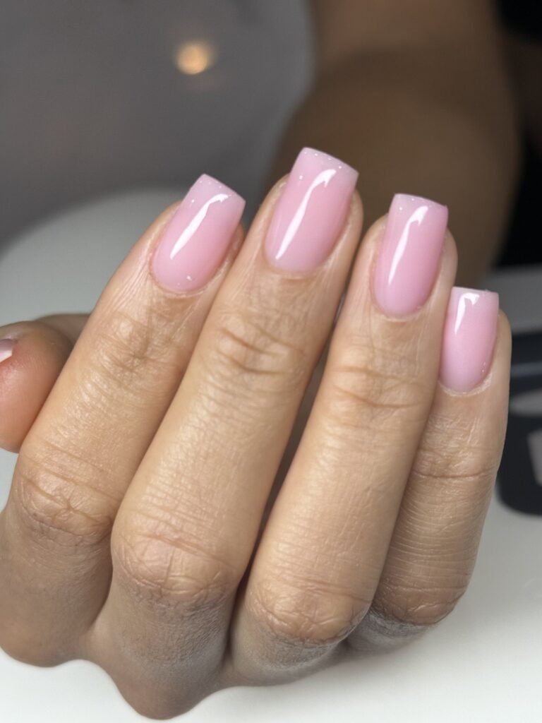 Pink square gel manicure at Nailbox Co.