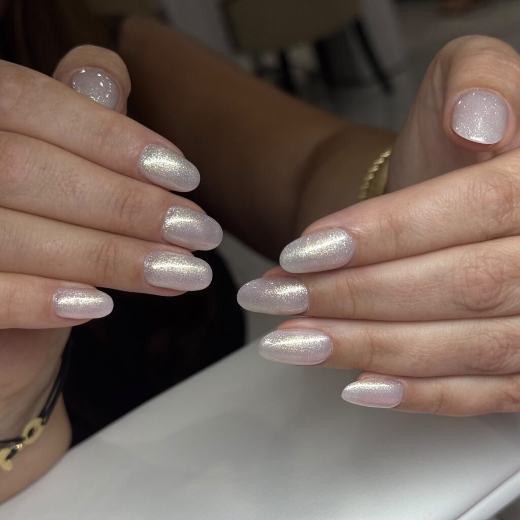Pearl shimmer almond gel manicure at Nailbox Co.